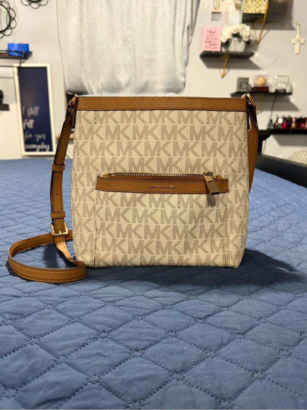 Michael Kors Beige Logo Crossbody with Brown Trim